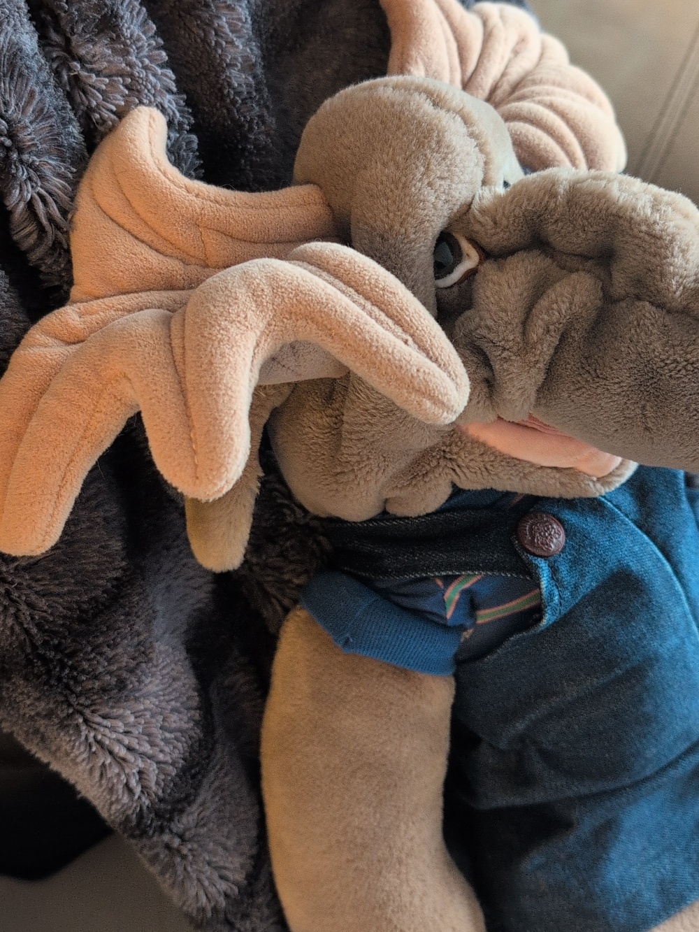 Vintage Ganz 1982 Wrinkles Moose Plush Hand Puppet Denim Overalls - Picture 3 of 15